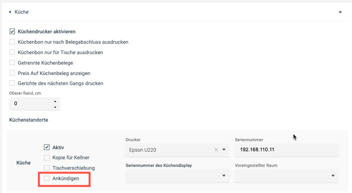Küchendrucker soll Ankündigungen erhalten.