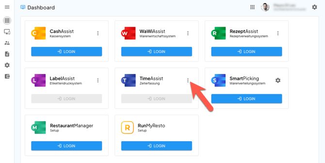 Ein Screenshot des Applikations-Dashboard in der HS-Soft Console mit den 3 Punkten, über die weitere Funktionen zu jeder Applikation erreicht werden.