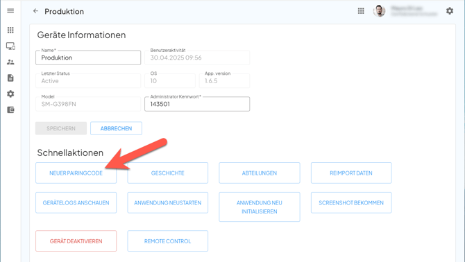 Ein Screenshot der Geräteinformationen, worüber ein Pairingcode erstellt werden kann.