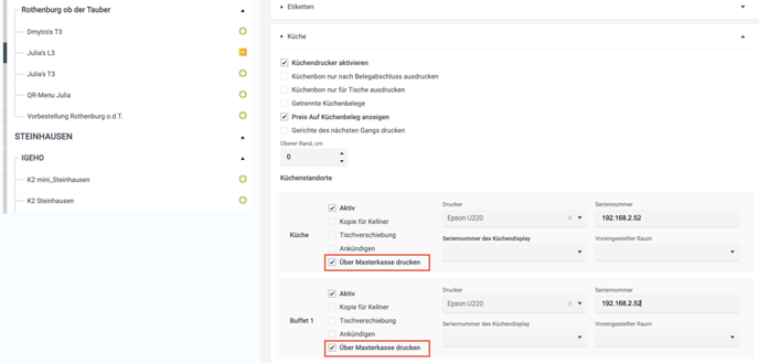Masterkasse für den Küchendruck einrichten - Weitere Einstellung in CashAssist