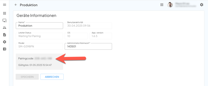 Ein Screenshot der Geräteinformationen in den Einstellungen für TimeAssist, auf dem der fertig erstellte Pairing-Code ersichtlich ist.