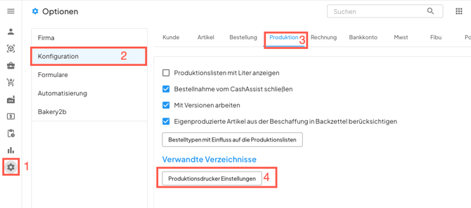 Aufruf der Einstellungen für Produktionsdrucker in WaWiAssist