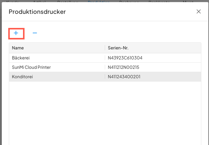 Auswahl und Hinzufügen eines Produktionsdruckers in WaWiAssist.