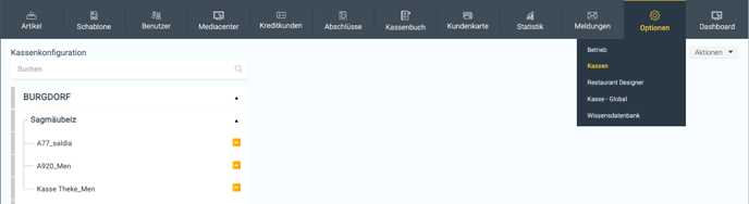 Optionen Menu in CashAssist und ausgewählter Menüpunkt "Kassen"