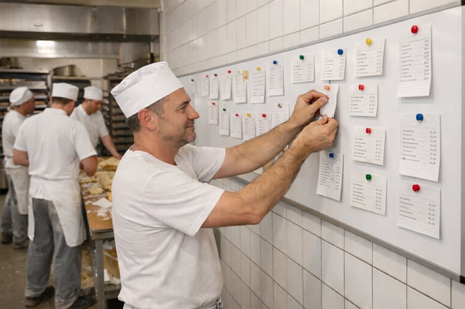 Ein Bäcker organisiert die Produktion von Sonderbestellungen, wie z.B. Torten an einer Magnetwand.