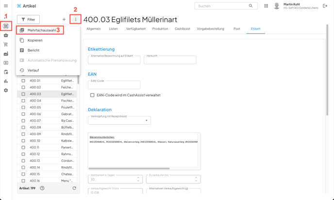 Aktivieren der Mehrfachauswahl in der Artikelliste in WaWiAssist