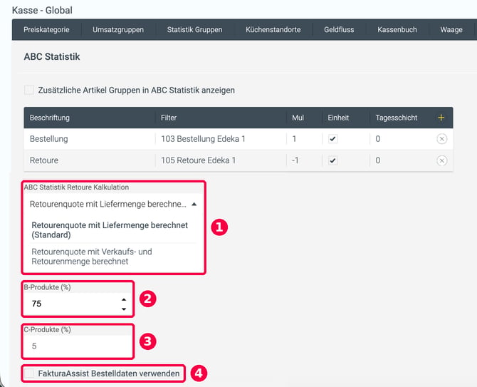 Einstellungen unter der ERP-Statistik-Tabelle